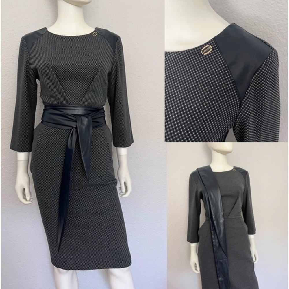 NWT WOMEN DRESS 3/4 LENGTH SLEEVES WITH LEATHER BELT KNEE-LENGTH BOAT NECK